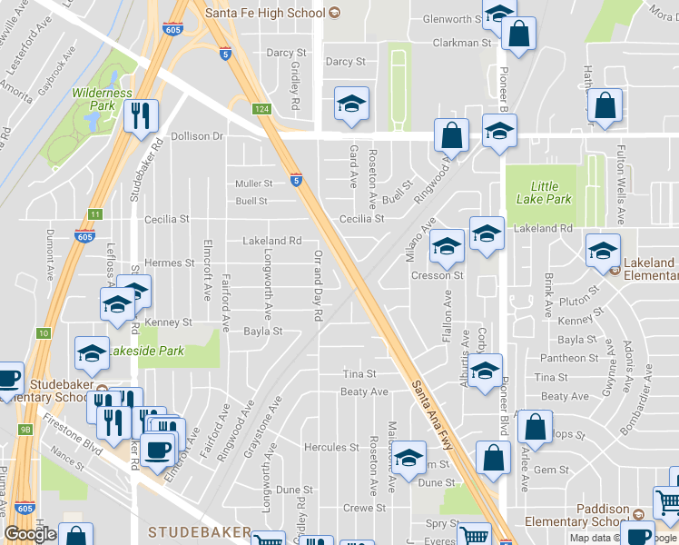 map of restaurants, bars, coffee shops, grocery stores, and more near 11454 Cresson Street in Norwalk