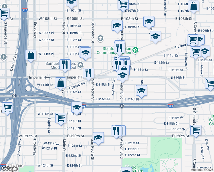 map of restaurants, bars, coffee shops, grocery stores, and more near 358 East 115th Street in Los Angeles