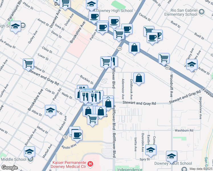 map of restaurants, bars, coffee shops, grocery stores, and more near 9045 Buckles St in Downey