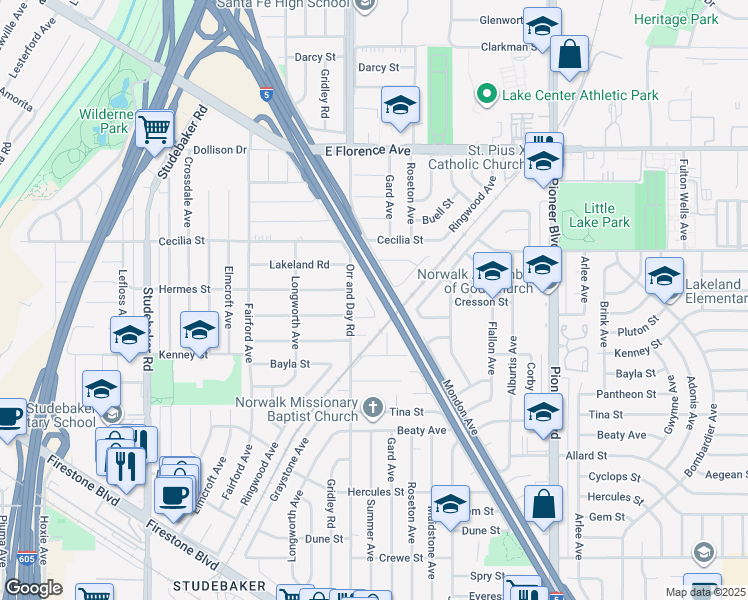 map of restaurants, bars, coffee shops, grocery stores, and more near 11454 Cresson Street in Norwalk