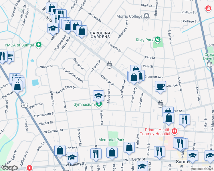 map of restaurants, bars, coffee shops, grocery stores, and more near 17 Glendale Court in Sumter