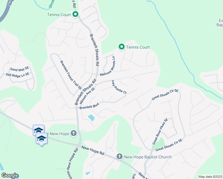 map of restaurants, bars, coffee shops, grocery stores, and more near 1645 Ivey Pointe Court Southeast in Lawrenceville