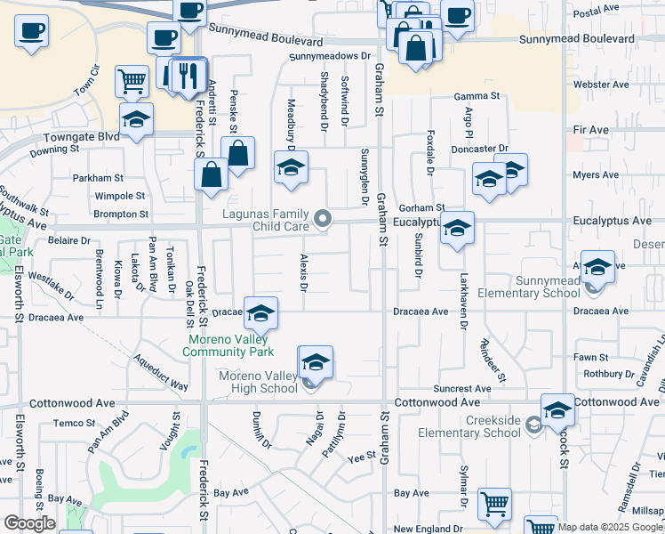map of restaurants, bars, coffee shops, grocery stores, and more near 23352 Vida Court in Moreno Valley