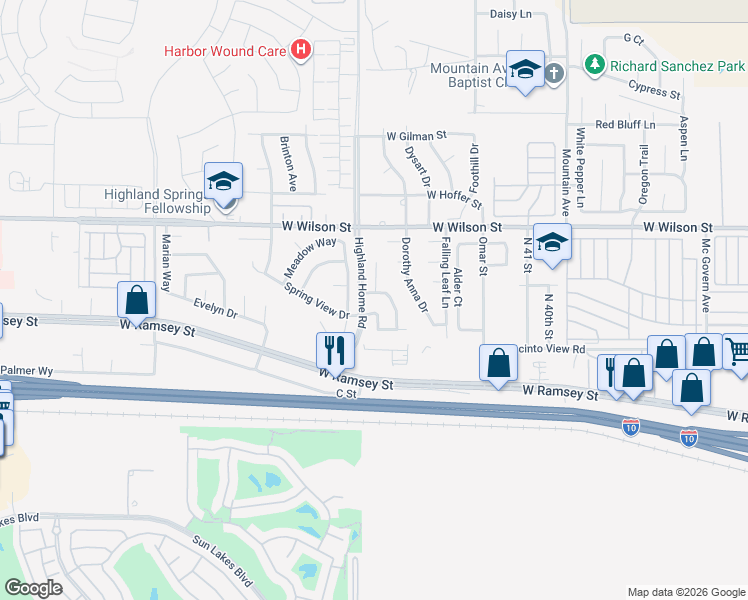 map of restaurants, bars, coffee shops, grocery stores, and more near 573 Autumn Lane in Banning