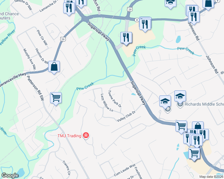 map of restaurants, bars, coffee shops, grocery stores, and more near 146 Towne Park Drive in Lawrenceville