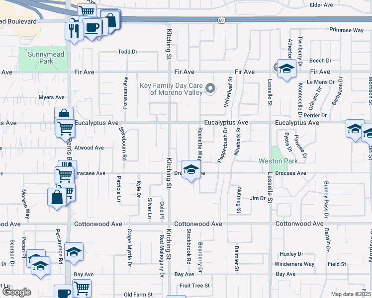 map of restaurants, bars, coffee shops, grocery stores, and more near 13131 Sweetspice Street in Moreno Valley