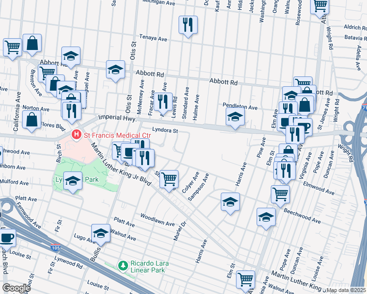map of restaurants, bars, coffee shops, grocery stores, and more near 11079 Hulme Avenue in Lynwood
