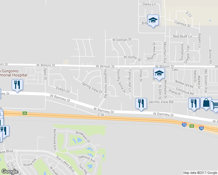 map of restaurants, bars, coffee shops, grocery stores, and more near 573 Autumn Lane in Banning