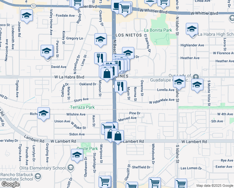 map of restaurants, bars, coffee shops, grocery stores, and more near 300 South Beach Boulevard in La Habra