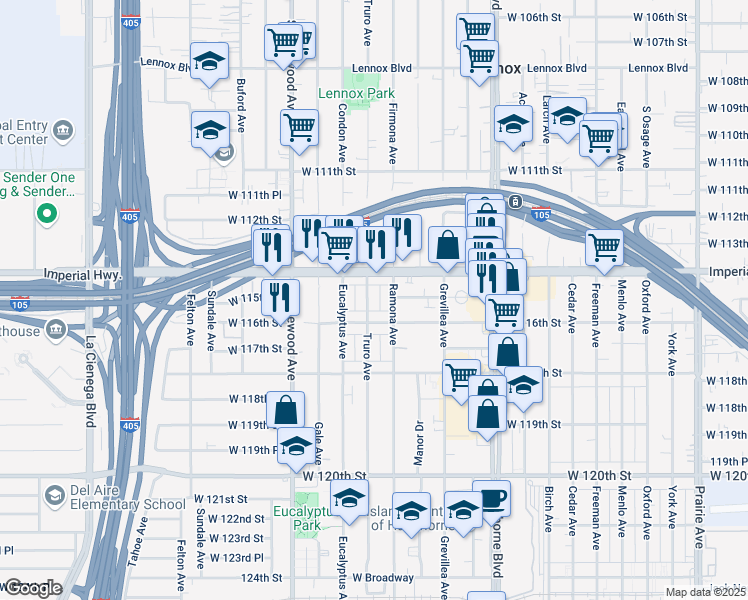 map of restaurants, bars, coffee shops, grocery stores, and more near 11506 Truro Avenue in Hawthorne