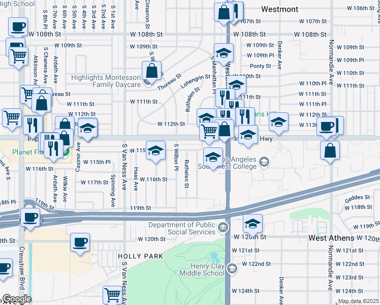 map of restaurants, bars, coffee shops, grocery stores, and more near 11502 Ruthelen Street in Los Angeles
