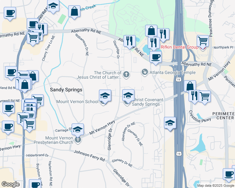 map of restaurants, bars, coffee shops, grocery stores, and more near 6381 Radiant Trace in Sandy Springs