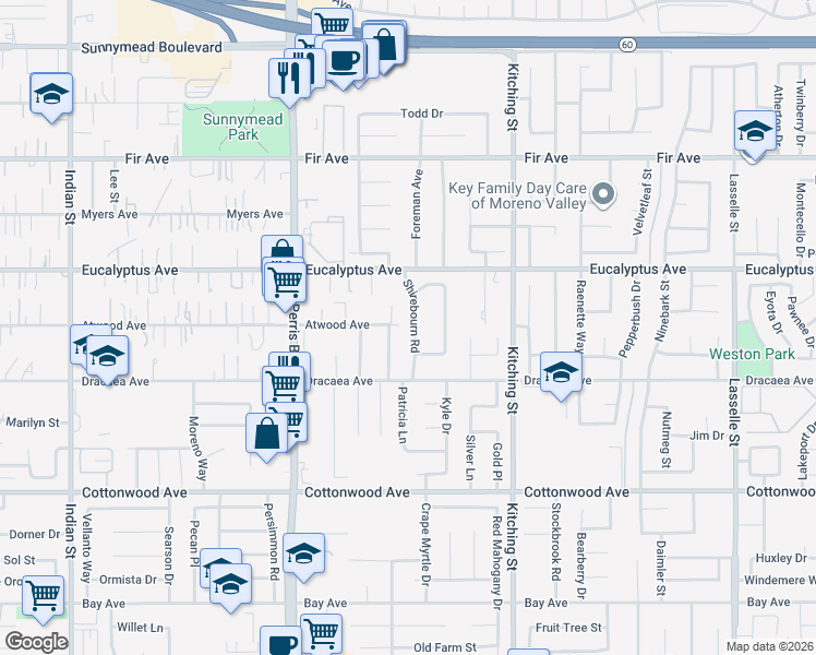 map of restaurants, bars, coffee shops, grocery stores, and more near 13133 Shirebourn Road in Moreno Valley