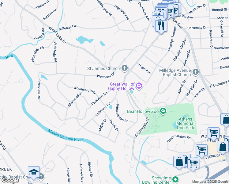 map of restaurants, bars, coffee shops, grocery stores, and more near 295 Lullwater Road in Athens
