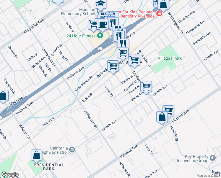map of restaurants, bars, coffee shops, grocery stores, and more near 7683 Peters St in Riverside