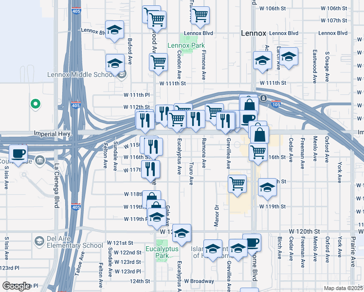 map of restaurants, bars, coffee shops, grocery stores, and more near 11506 Eucalyptus Avenue in Hawthorne