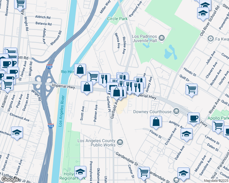 map of restaurants, bars, coffee shops, grocery stores, and more near in South Gate