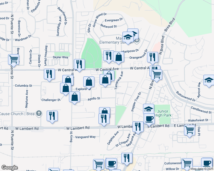 map of restaurants, bars, coffee shops, grocery stores, and more near 451 Atlas Street in Brea