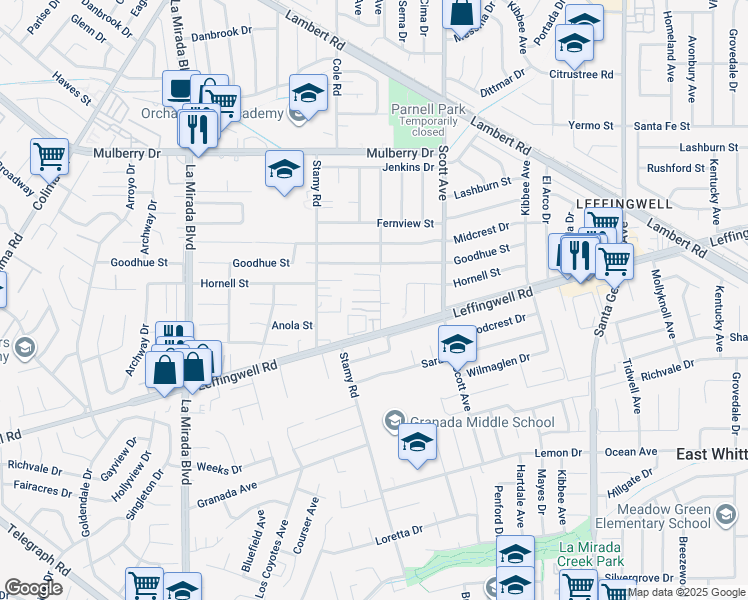 map of restaurants, bars, coffee shops, grocery stores, and more near 11237 Gladhill Road in Whittier