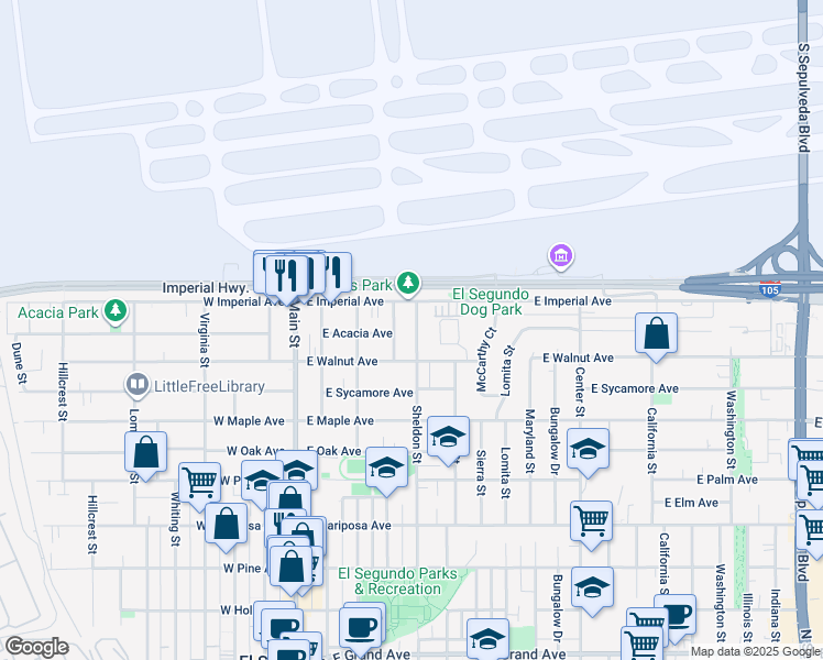 map of restaurants, bars, coffee shops, grocery stores, and more near 933 Sheldon Street in El Segundo