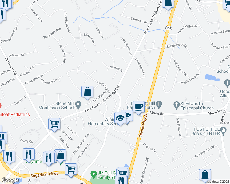 map of restaurants, bars, coffee shops, grocery stores, and more near 665 Five Forks Trickum Road Southwest in Lawrenceville