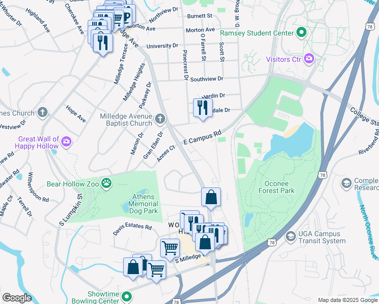 map of restaurants, bars, coffee shops, grocery stores, and more near 1664 Milledge Avenue Extension in Athens