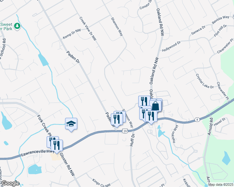 map of restaurants, bars, coffee shops, grocery stores, and more near 376 Shannon Way in Lawrenceville