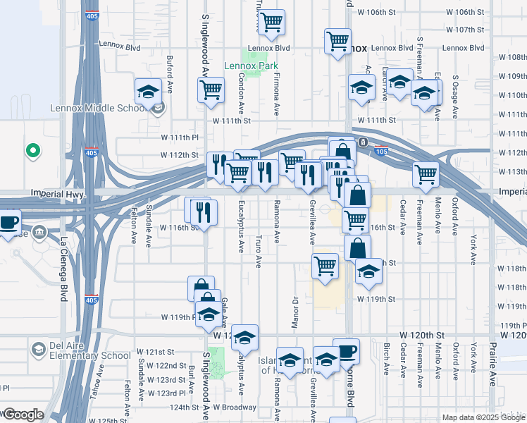 map of restaurants, bars, coffee shops, grocery stores, and more near 11506 Truro Avenue in Hawthorne