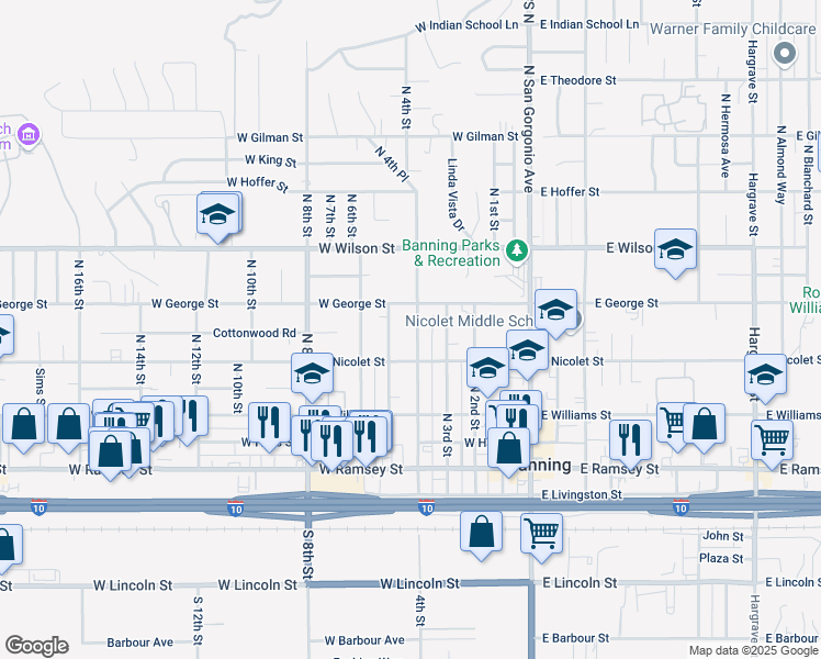 map of restaurants, bars, coffee shops, grocery stores, and more near 513 North 4th Street in Banning