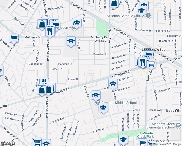 map of restaurants, bars, coffee shops, grocery stores, and more near 11237 Gladhill Road in Whittier