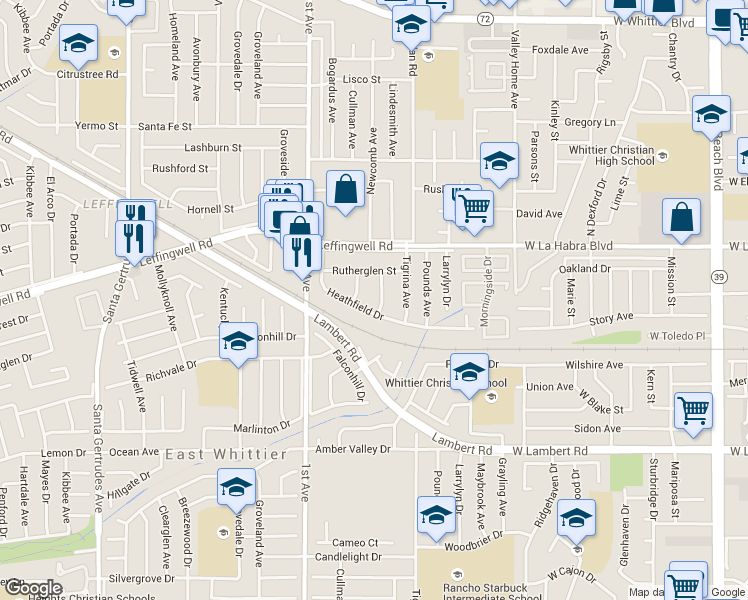 map of restaurants, bars, coffee shops, grocery stores, and more near 11233 Newcomb Avenue in Whittier