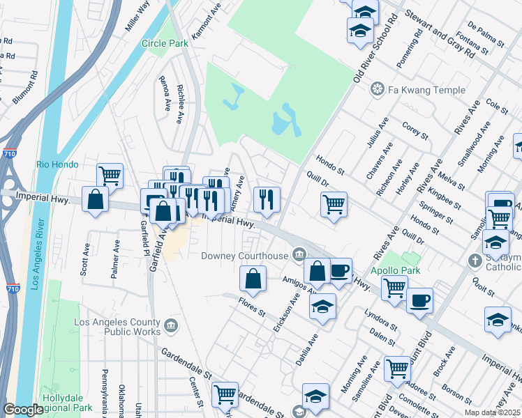 map of restaurants, bars, coffee shops, grocery stores, and more near 5921 Leeds Street in South Gate