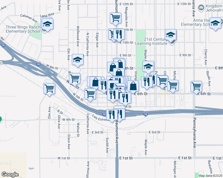 map of restaurants, bars, coffee shops, grocery stores, and more near 634 Euclid Avenue in Beaumont