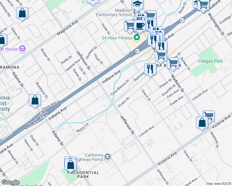 map of restaurants, bars, coffee shops, grocery stores, and more near 7862 Ricca Street in Riverside