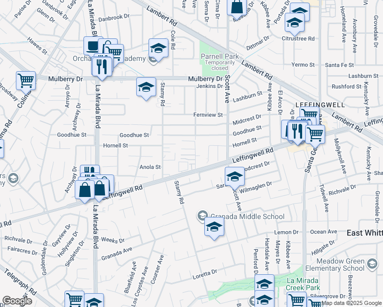 map of restaurants, bars, coffee shops, grocery stores, and more near 11234 Gladhill Road in Whittier
