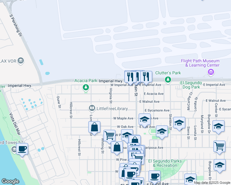 map of restaurants, bars, coffee shops, grocery stores, and more near 315 West Acacia Avenue in El Segundo