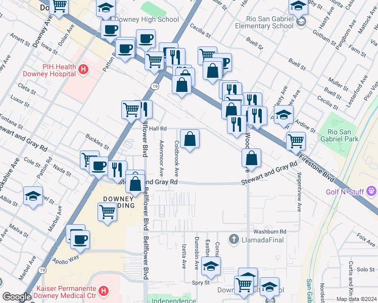 map of restaurants, bars, coffee shops, grocery stores, and more near 9230 1/2 Hall Road in Downey