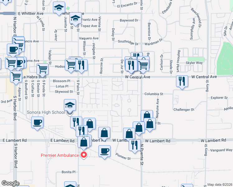 map of restaurants, bars, coffee shops, grocery stores, and more near 1371 Harbor Lake Avenue in Brea