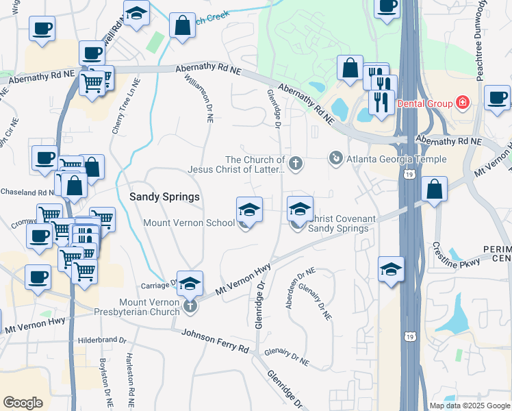 map of restaurants, bars, coffee shops, grocery stores, and more near 6398 Lucent Lane in Sandy Springs