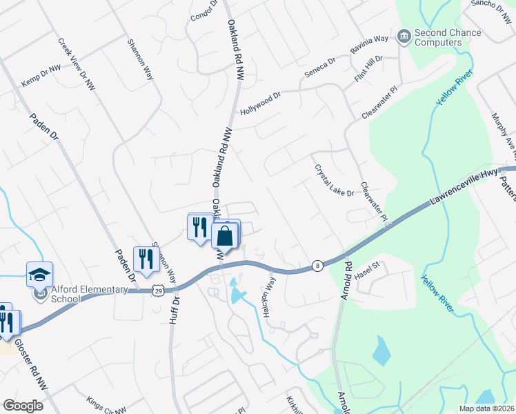 map of restaurants, bars, coffee shops, grocery stores, and more near 2225 Oakland Downs Way in Lawrenceville