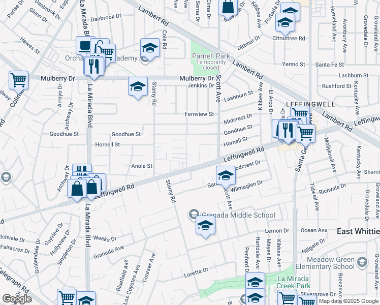 map of restaurants, bars, coffee shops, grocery stores, and more near 11234 Gladhill Road in Whittier