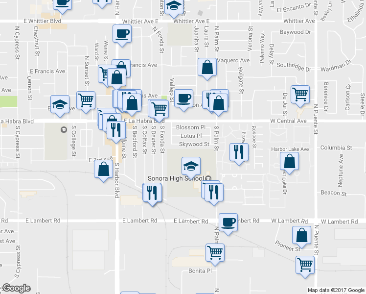 map of restaurants, bars, coffee shops, grocery stores, and more near 1936 Skywood Street in Brea