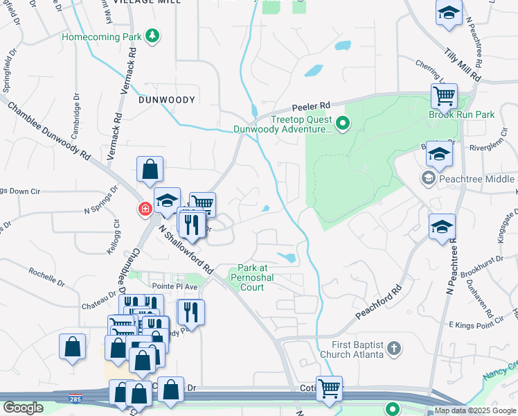 map of restaurants, bars, coffee shops, grocery stores, and more near 4553 Village Oaks Way in Dunwoody