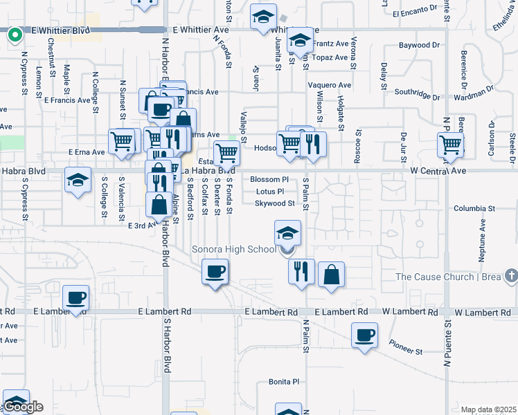 map of restaurants, bars, coffee shops, grocery stores, and more near 1936 Skywood Street in Brea
