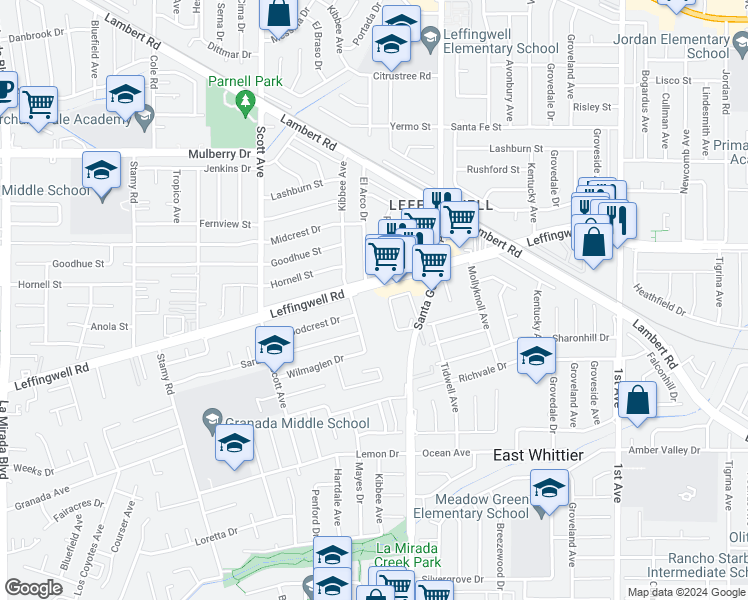 map of restaurants, bars, coffee shops, grocery stores, and more near 15620 Leffingwell Road in Whittier