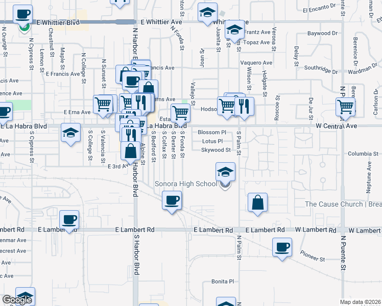map of restaurants, bars, coffee shops, grocery stores, and more near 1990 Skywood Street in Brea
