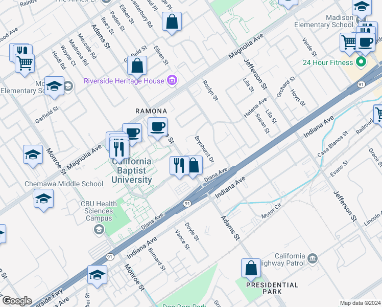 map of restaurants, bars, coffee shops, grocery stores, and more near 8271 Briarwood Drive in Riverside