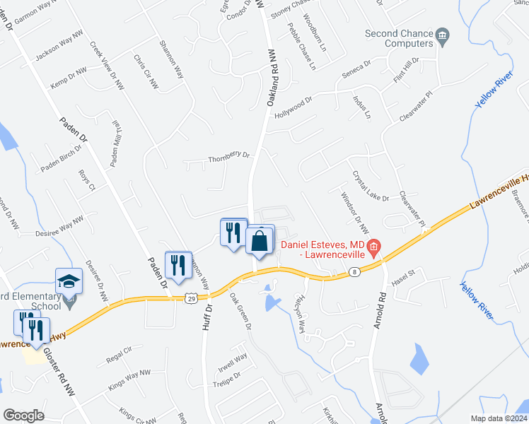 map of restaurants, bars, coffee shops, grocery stores, and more near 319 Oakland Hills Way in Lawrenceville