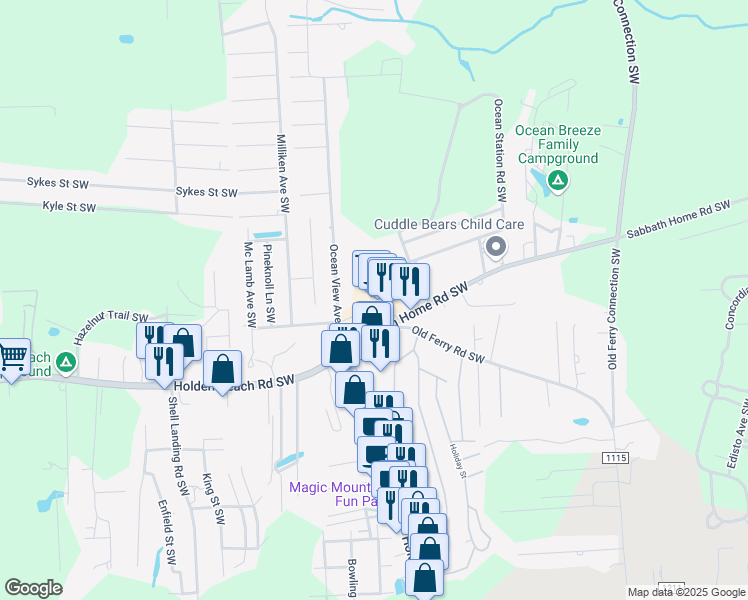map of restaurants, bars, coffee shops, grocery stores, and more near 1100 Sabbath Home Road Southwest in Holden Beach