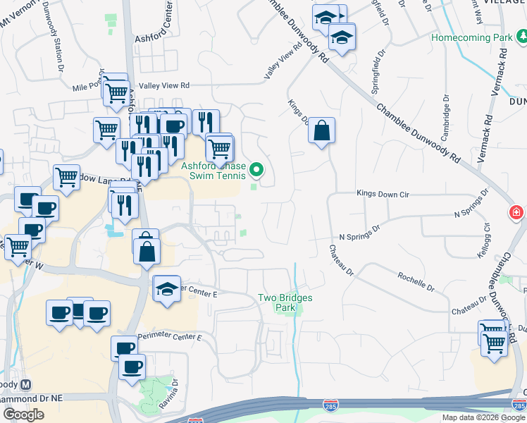 map of restaurants, bars, coffee shops, grocery stores, and more near 4417 Village Springs Run in Dunwoody